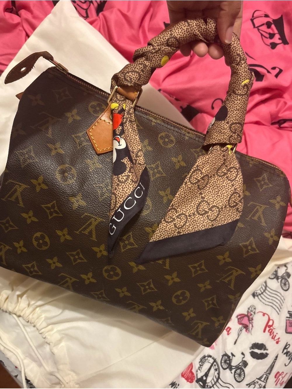Louis Vuitton Brown Monogram Satchel with Scarf-Wrapped Handle